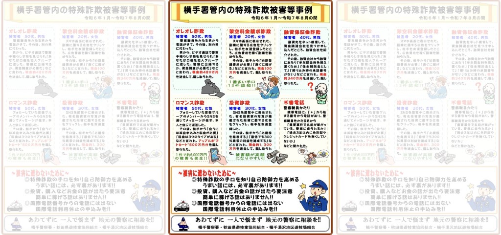 横手署管内の特殊詐欺被害等事例（令和6年1月〜令和7年8月）